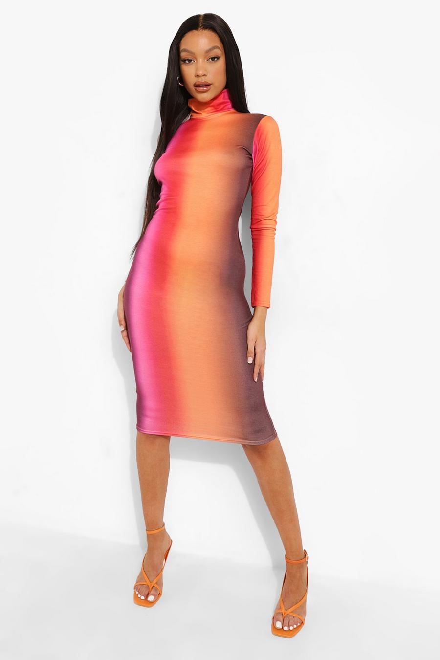Chocolate Ombre Print High Neck Midi Dress image number 1