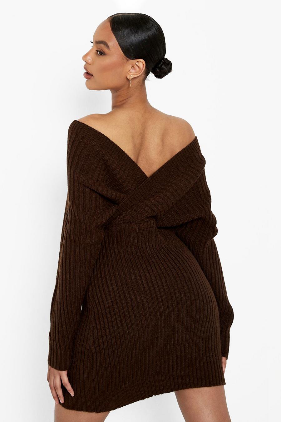 Chocolate Off The Shoulder Rib Knit Dress image number 1