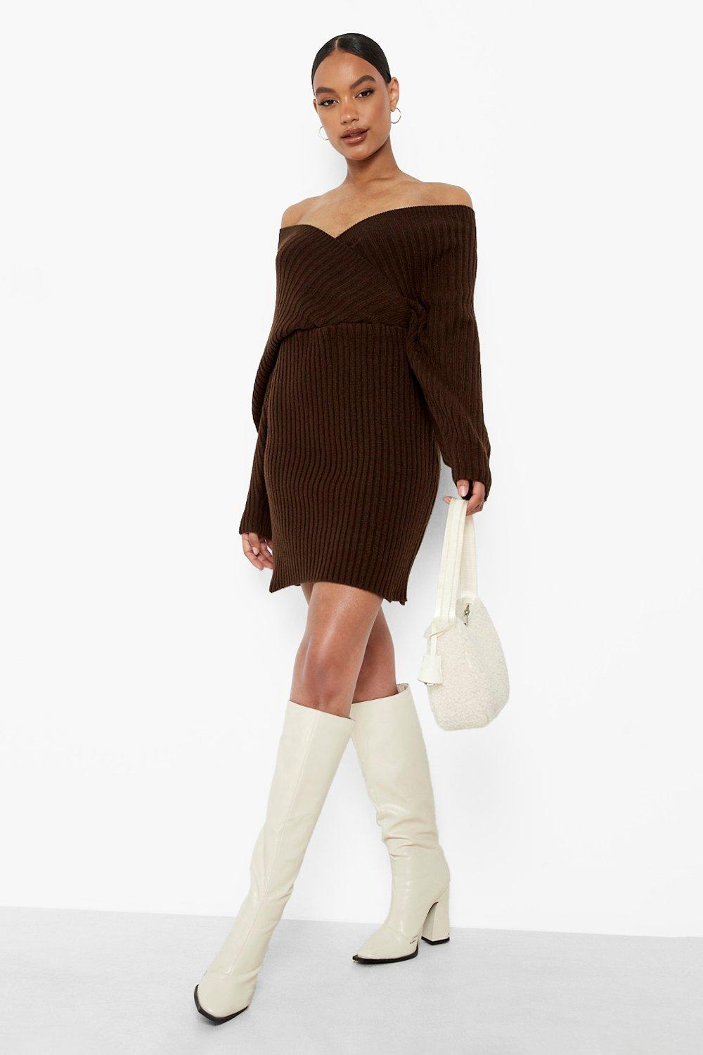 Brown off the shoulder cheap sweater dress