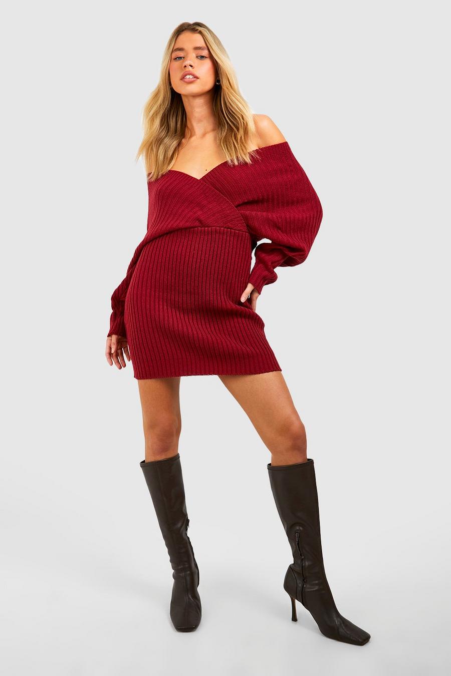 Dark red röd Off The Shoulder Rib Knitted Jumper Dress image number 1