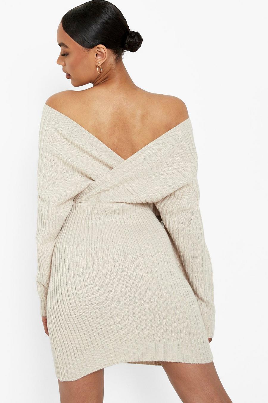 Stone beige Off The Shoulder Rib Knit Sweater Dress image number 1