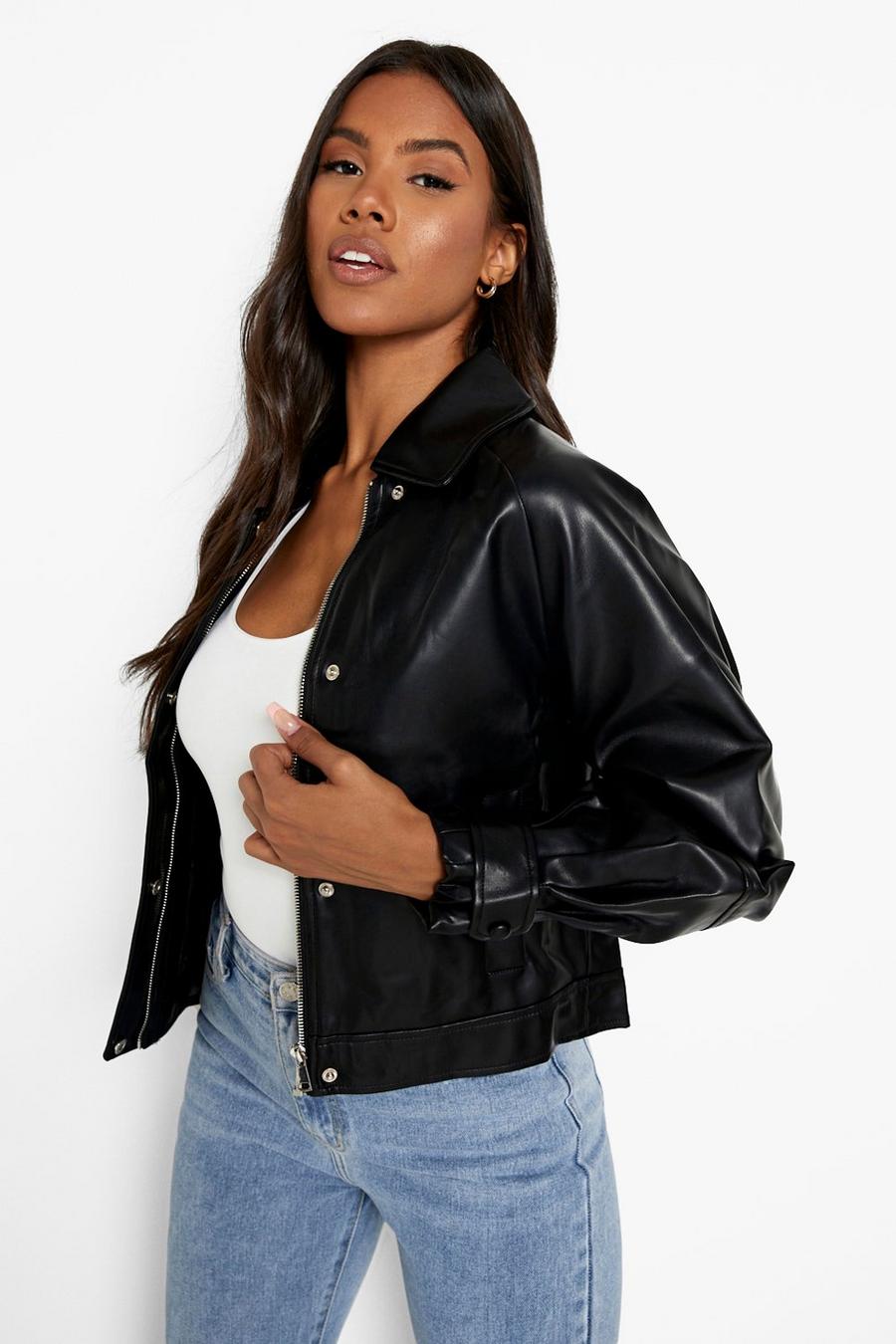 Black Faux Leather Pleated Cuff Detail Bomber Jacket image number 1