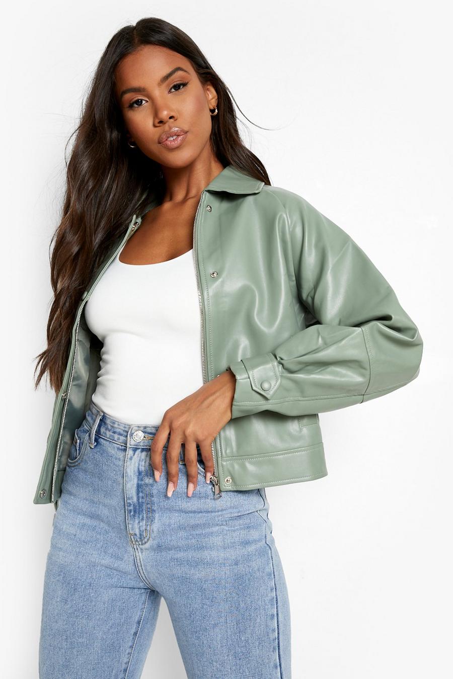 Khaki Faux Leather Pleated Cuff Detail Bomber Jacket image number 1