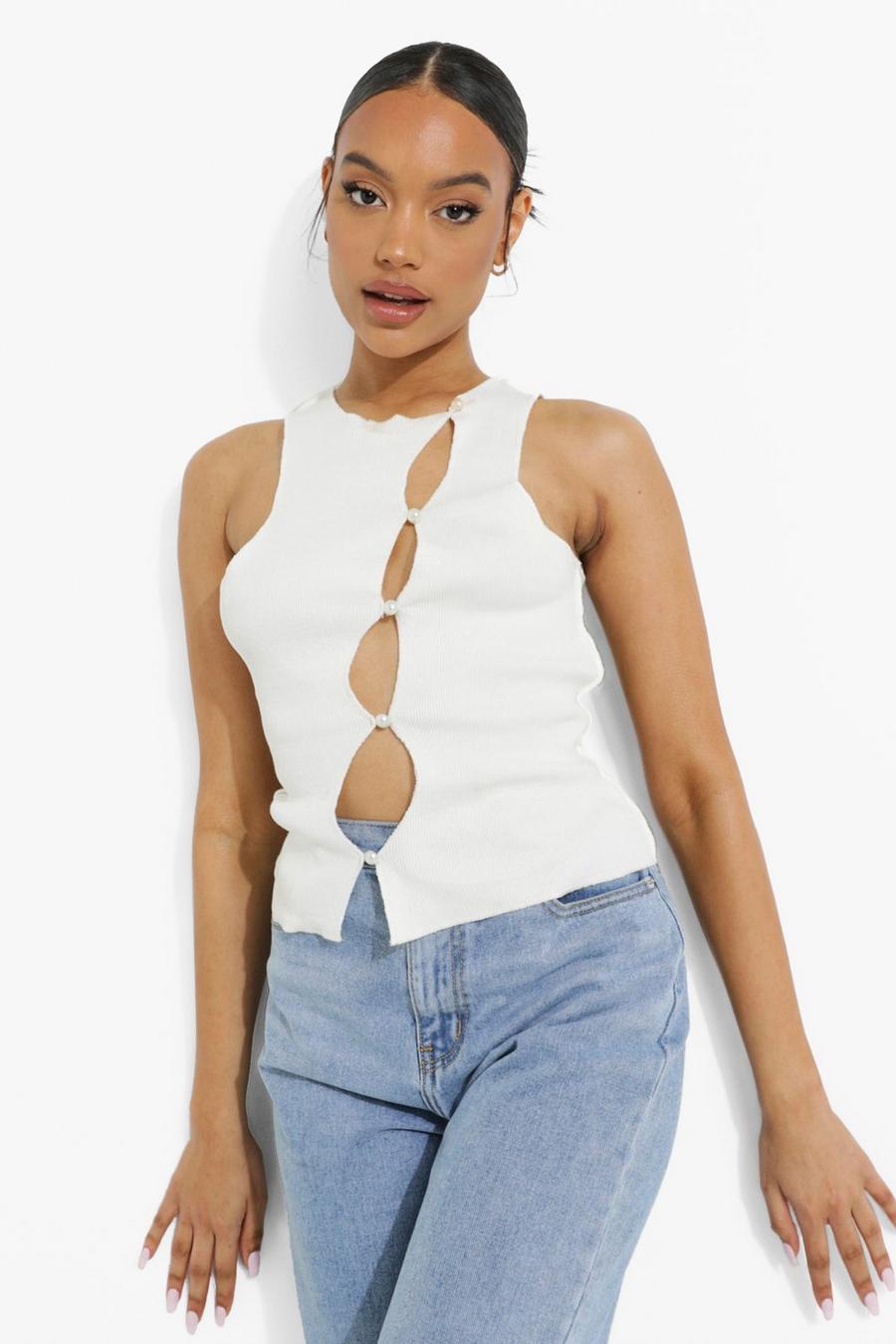 Cream Button Up Ribbed Top image number 1