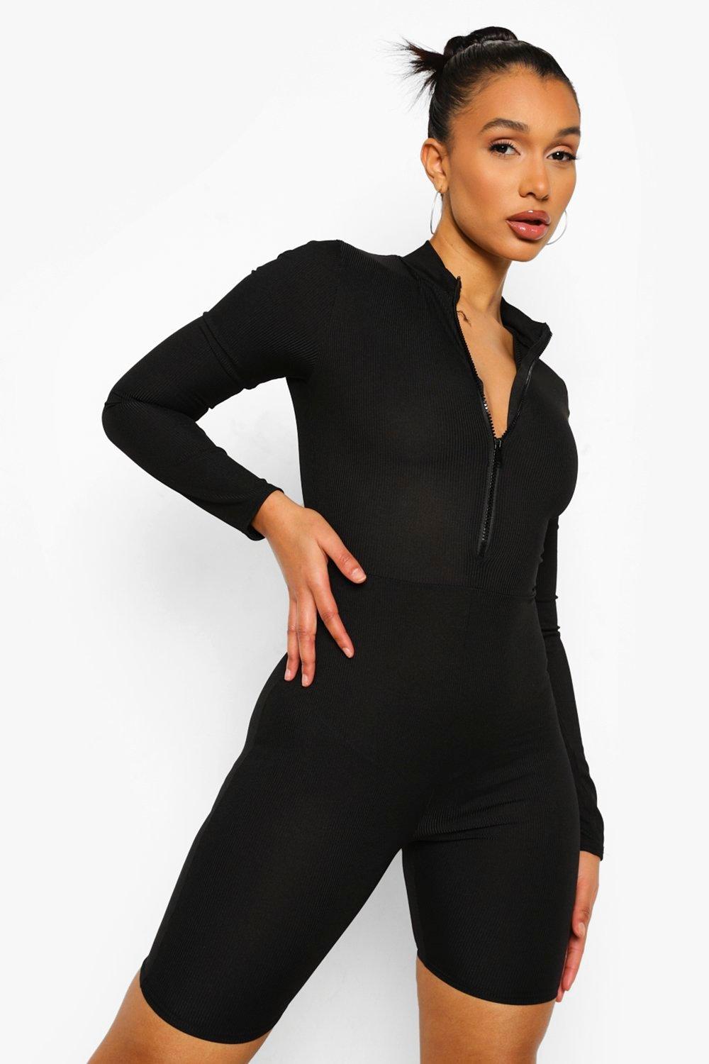 Black Fine Rib Zip Unitard