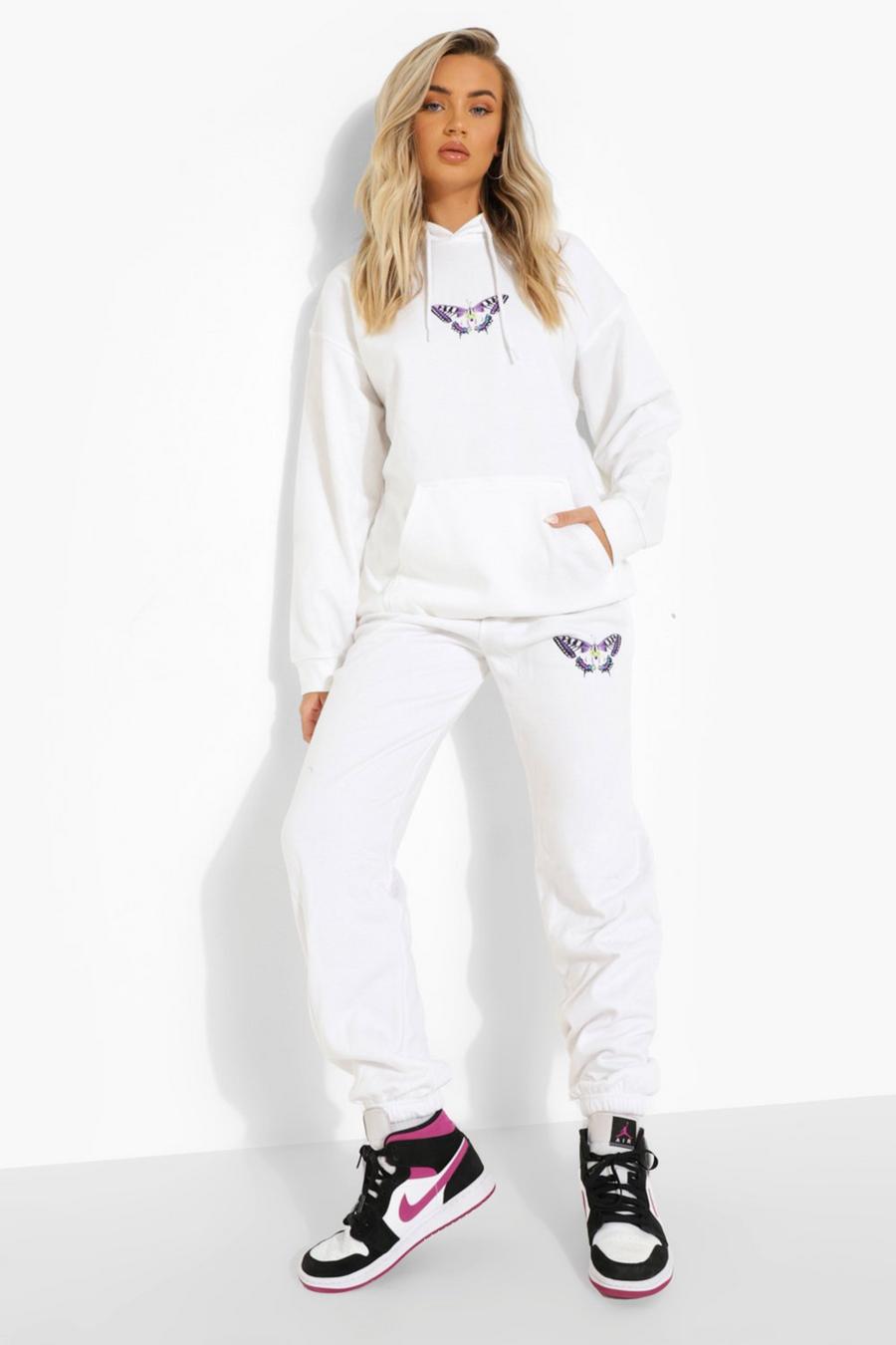 White Butterfly Back Print Hoodie Tracksuit image number 1