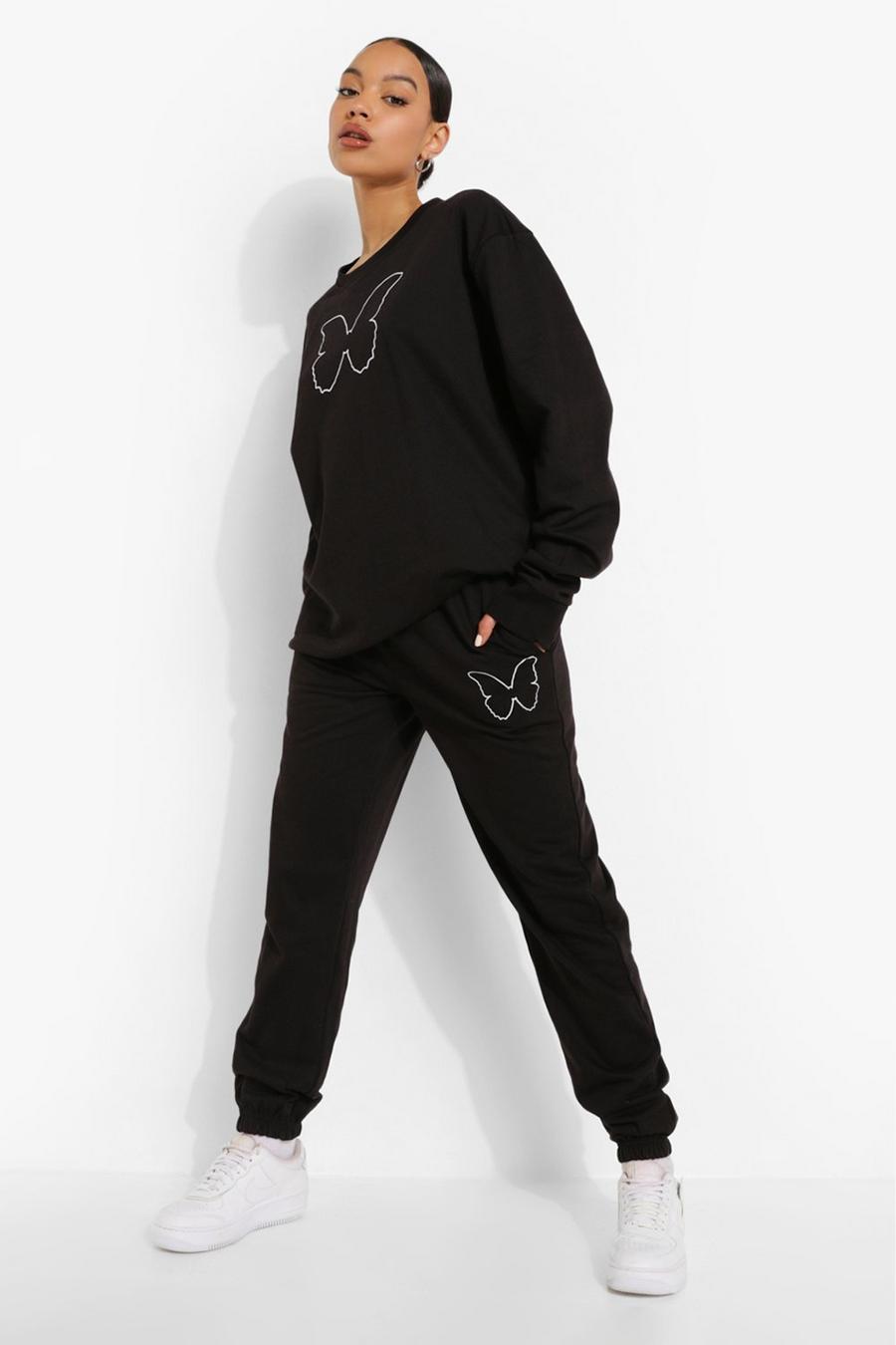Black Butterfly Print Sweatshirt And Jogger Set image number 1