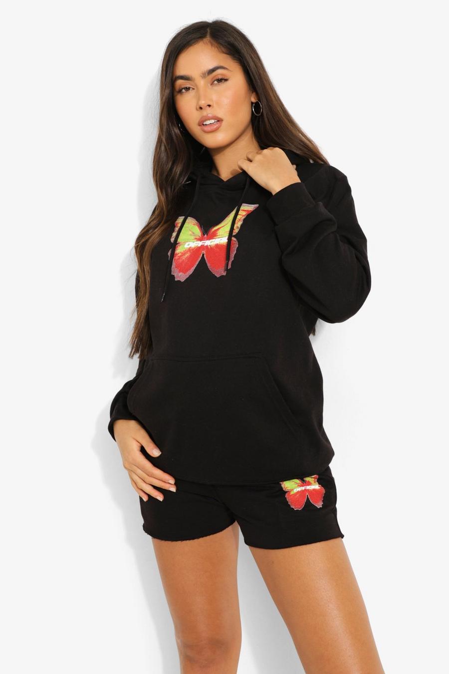 Black Butterfly Print Cropped Hoodie And Short Tracksuit image number 1