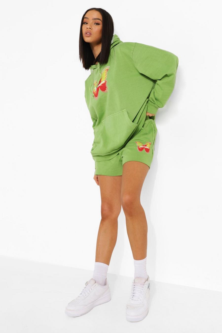 Lime Butterfly Print Cropped Hoodie And Short Tracksuit image number 1