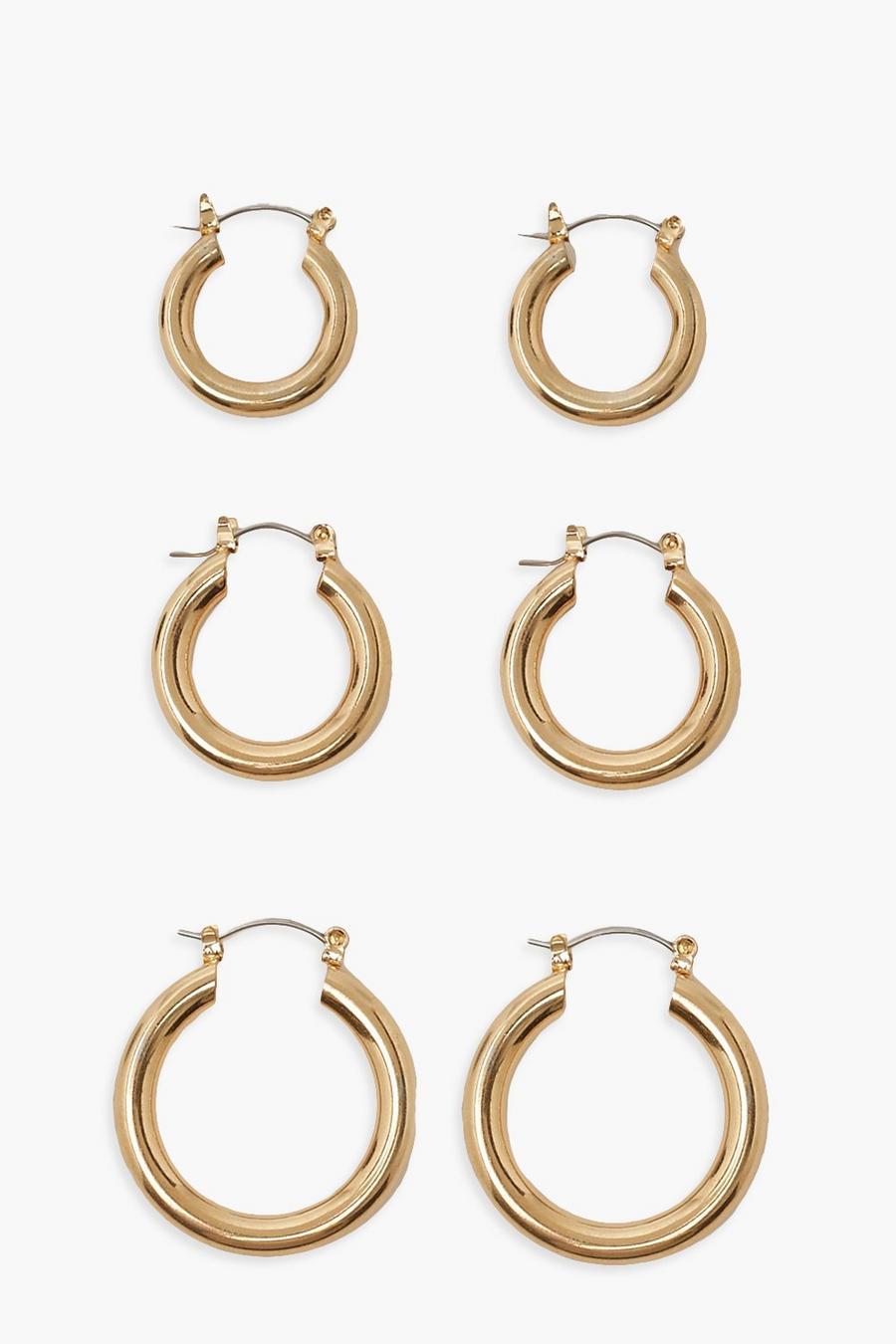 Gold metallic Simple 3 Pack Mix Size Hoop Earrings image number 1