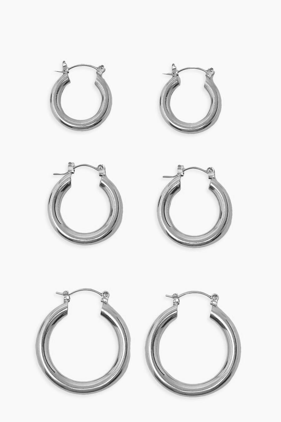Silver argent Simple 3 Pack Mix Size Hoop Earrings