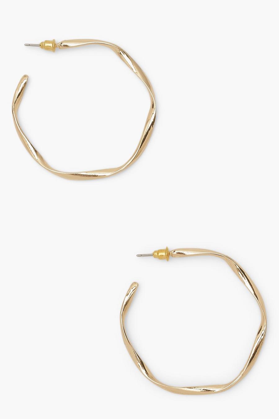 Gold metallic Loose Twist Hammered Hoop Earrings image number 1