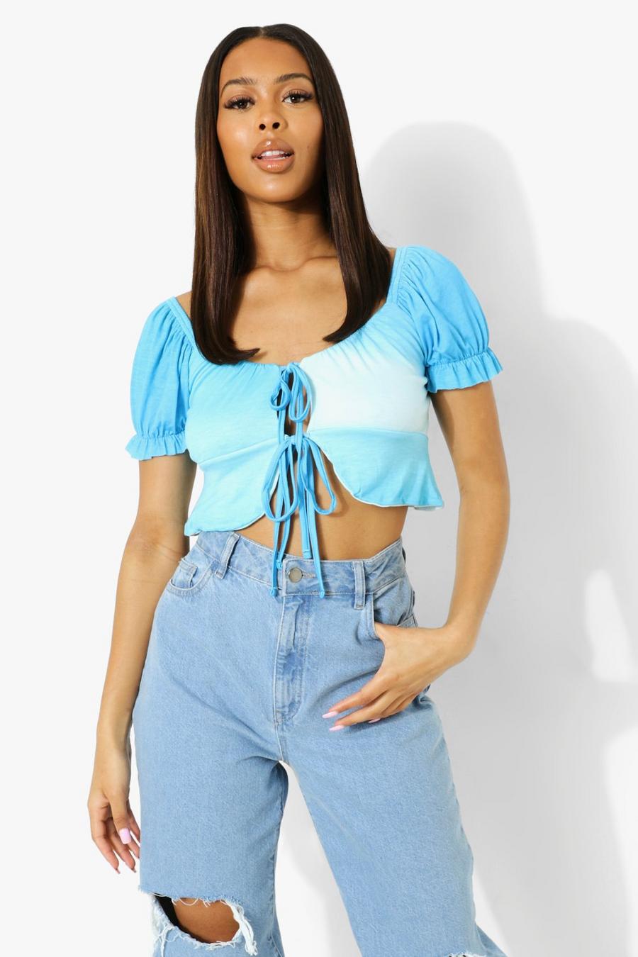 Blue Ombre Lace Up Crop Top image number 1