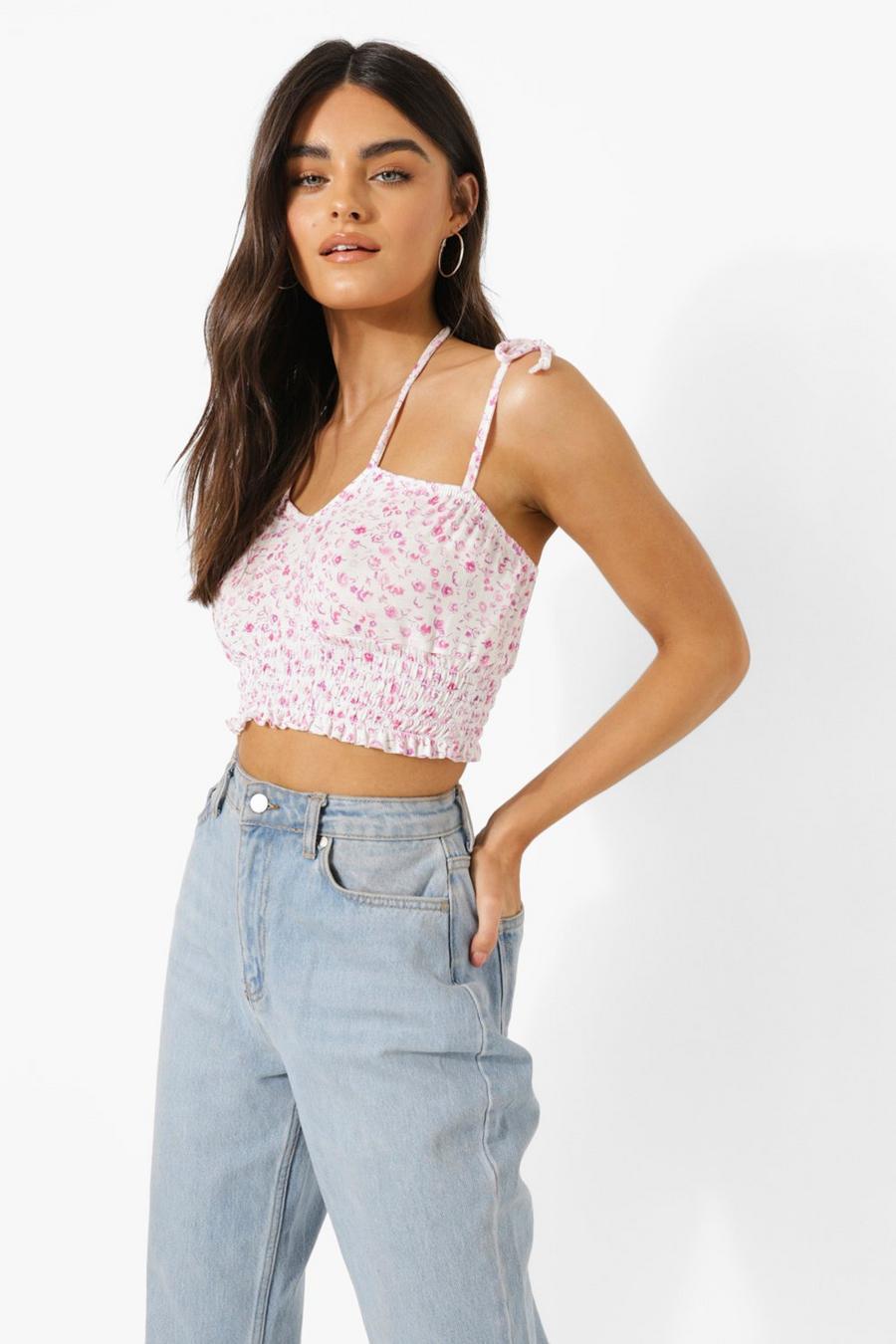 Pink Printed Shirred Strappy Cami Top image number 1