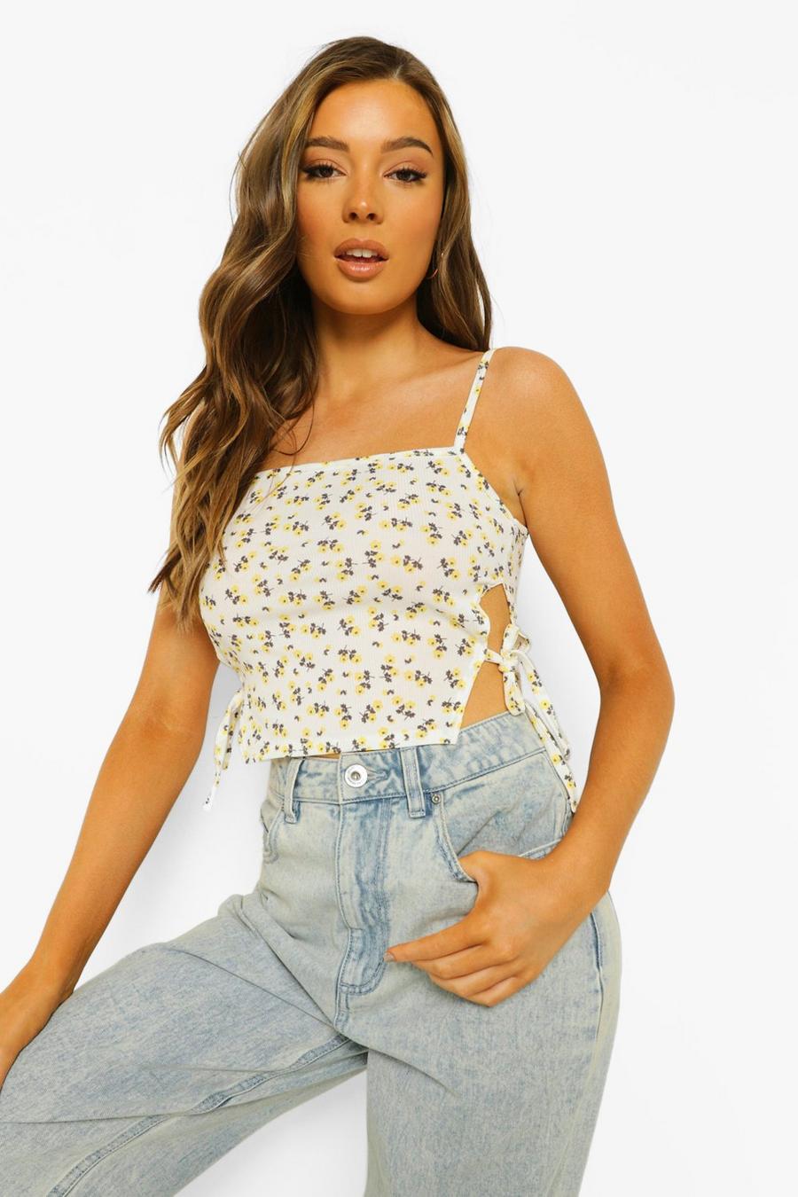Yellow Printed Tie Side Cami Top image number 1