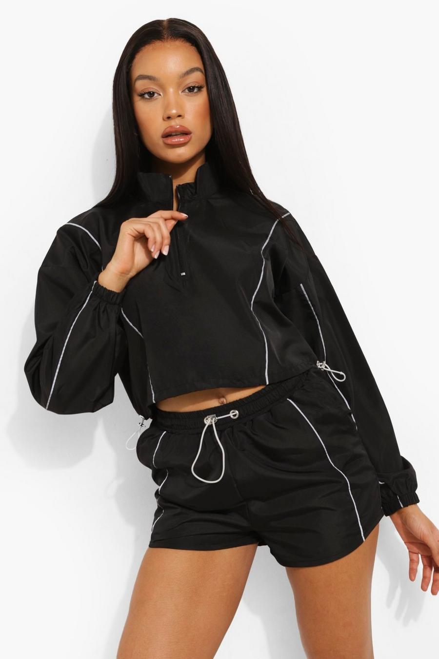 Black Reflective Piping Shell Short Tracksuit image number 1