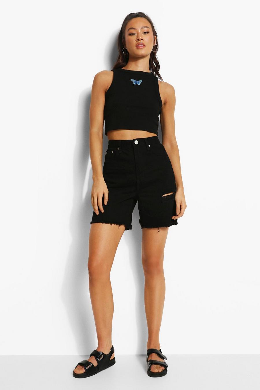 Black Embroidered Butterfly Racer Crop Top image number 1