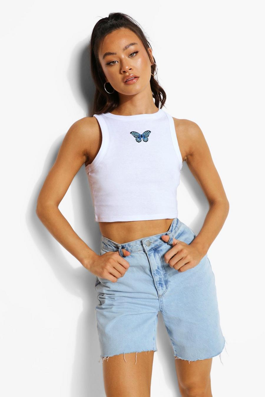 White Embroidered Butterfly Racer Crop Top image number 1