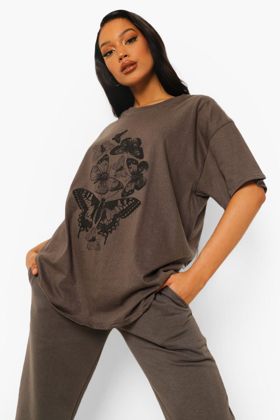 Camiseta oversize con estampado de mariposa, Gris marengo grigio