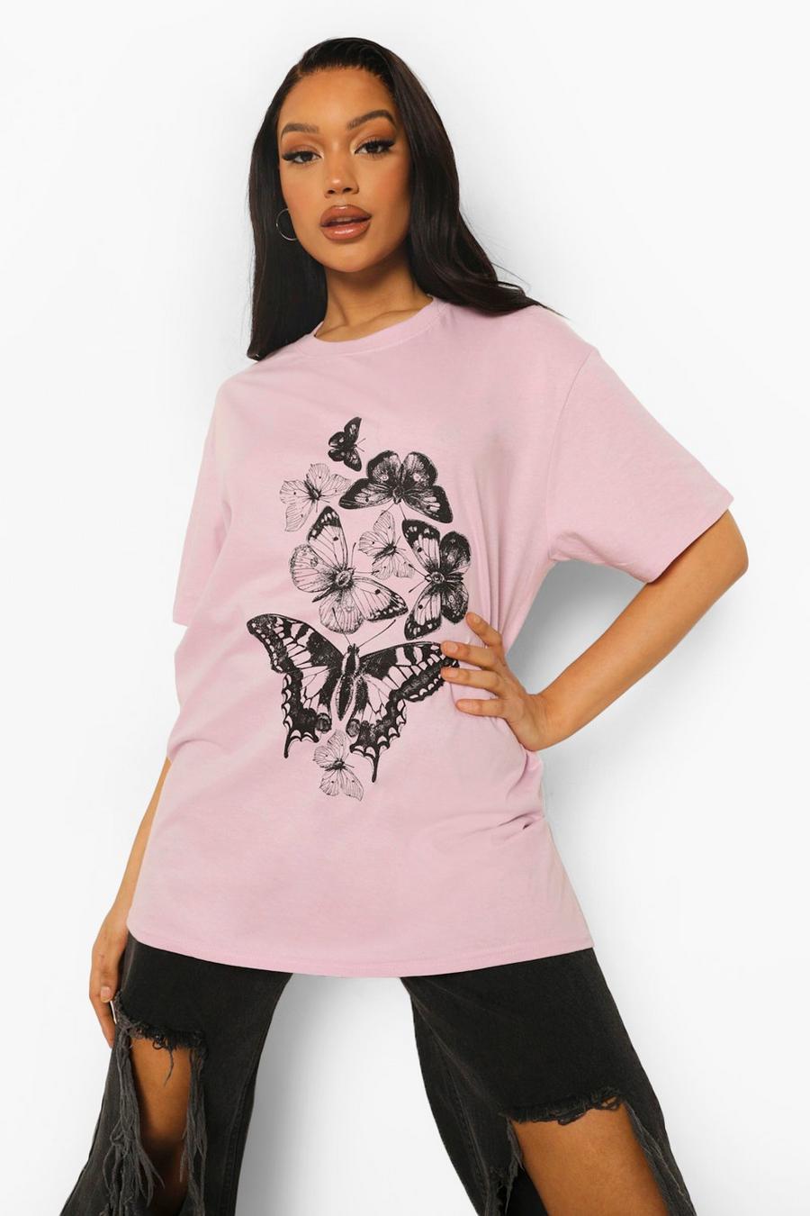 Lilac Butterfly Print Oversized T-Shirt image number 1