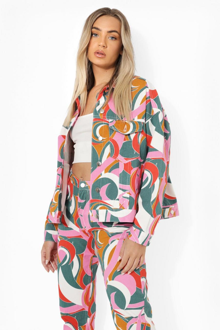 Multi Abstract Printed Cropped Denim Jacket image number 1