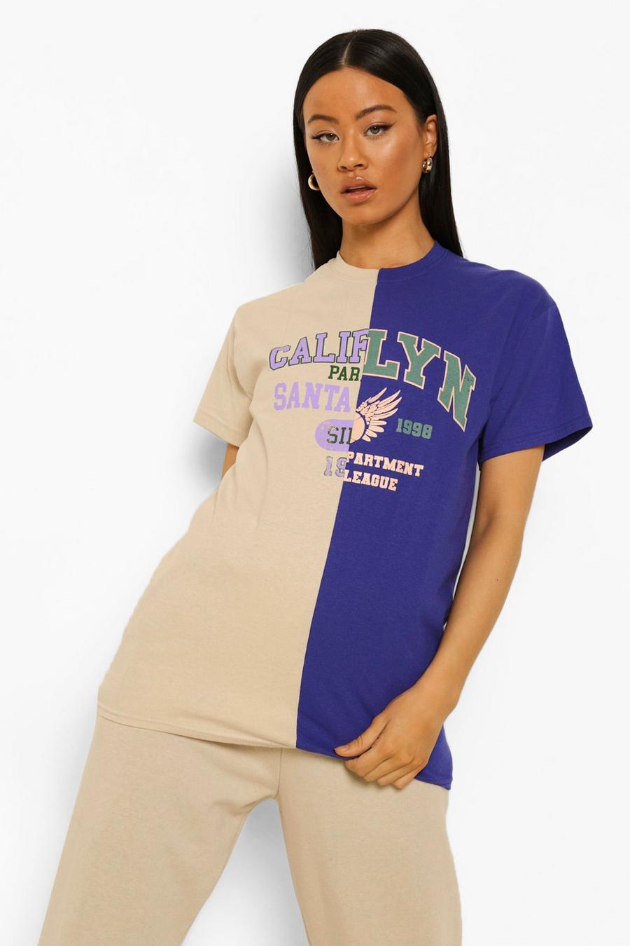 Gespleißtes T-Shirt in Übergröße mit College-Print, Blau image number 1