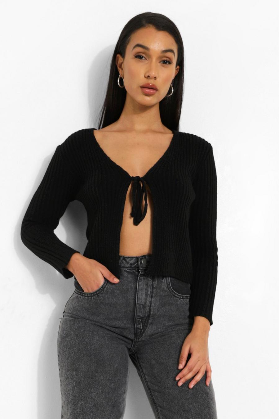 Black Rib Knit Tie Front Cropped Cardigan image number 1