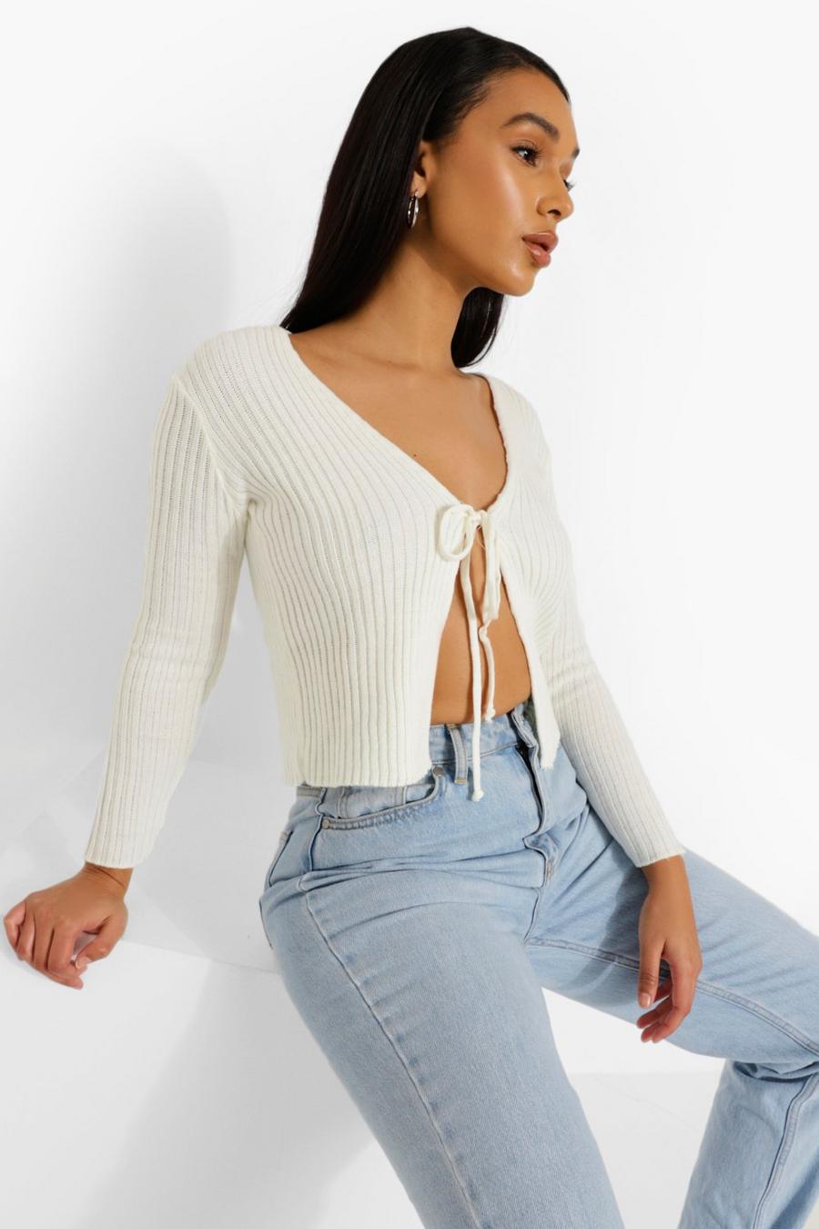 Ivory Rib Knit Tie Front Cropped Cardigan image number 1