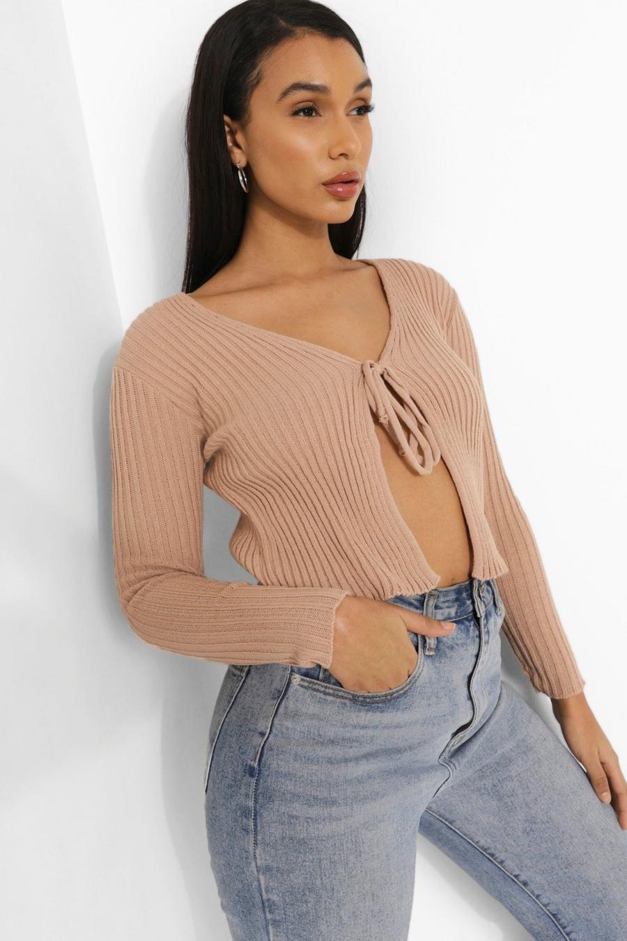 Nude Rib Knit Tie Front Cropped Cardigan image number 1