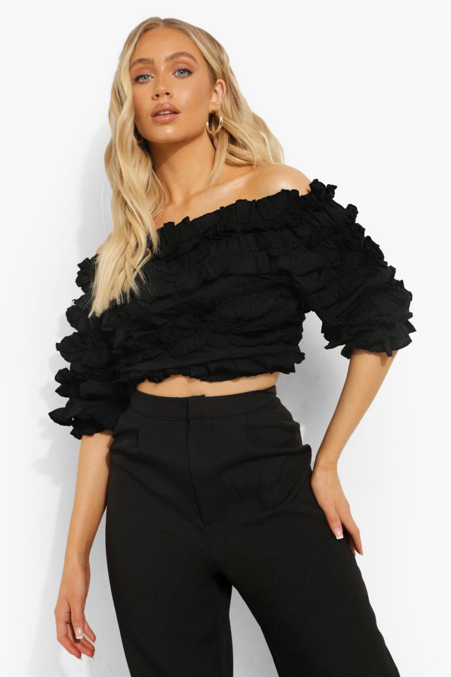 Black Woven Extreme Ruffle Off The Shoulder image number 1