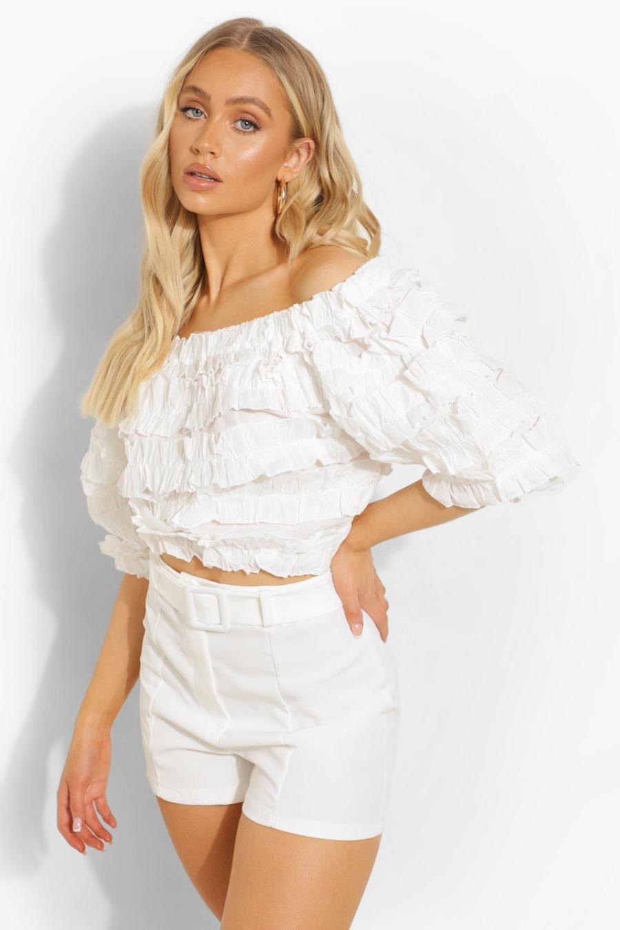 Ivory Woven Extreme Ruffle Off The Shoulder image number 1