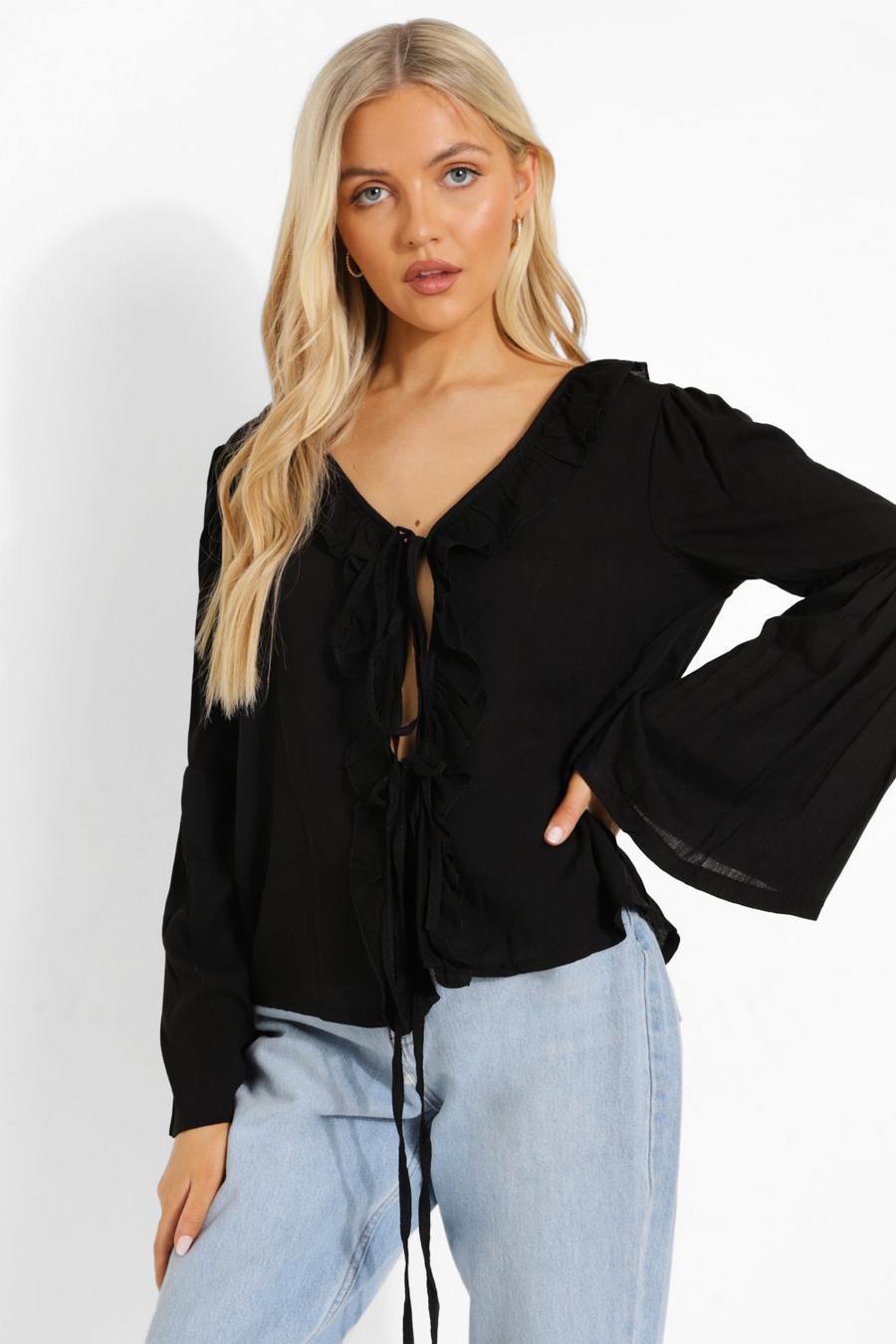 Black Woven Ruffle Front Blouse image number 1