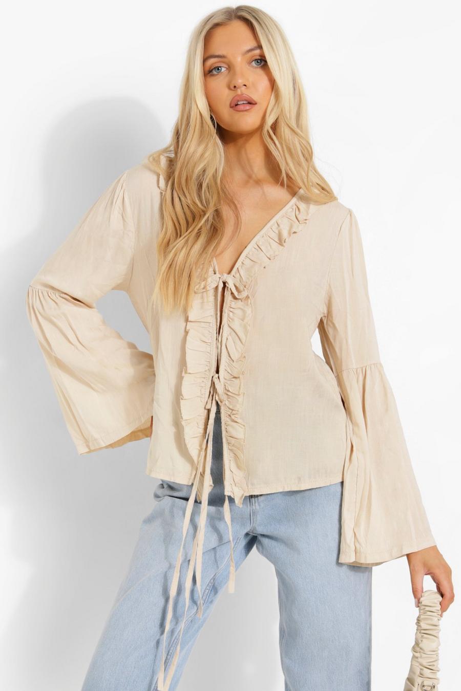 Cream Woven Ruffle Front Blouse image number 1