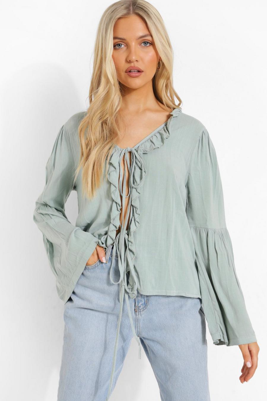 Sage Woven Ruffle Front Blouse image number 1