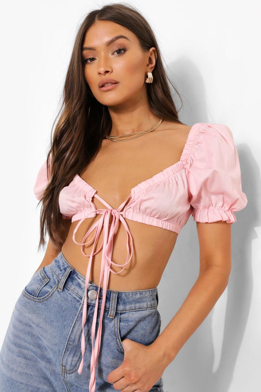Baby pink Woven Puff Sleeve Extreme Tie Crop Top image number 1