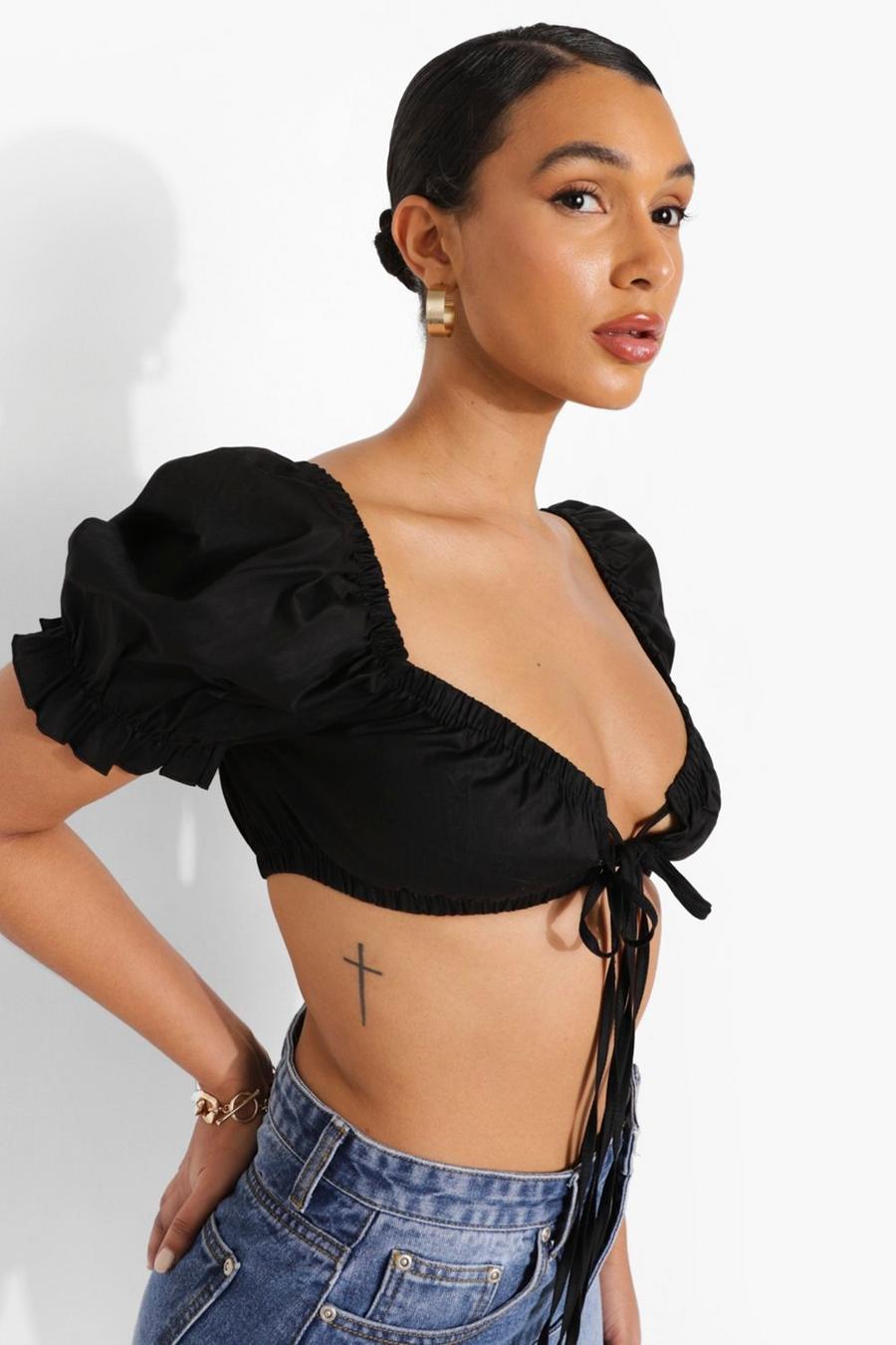 Black Woven Puff Sleeve Extreme Tie Crop Top image number 1