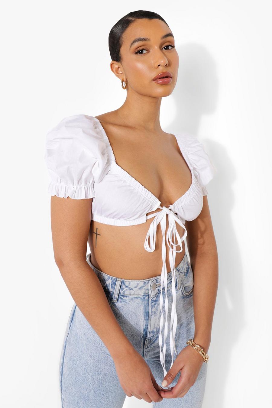 White Woven Puff Sleeve Extreme Tie Crop Top image number 1