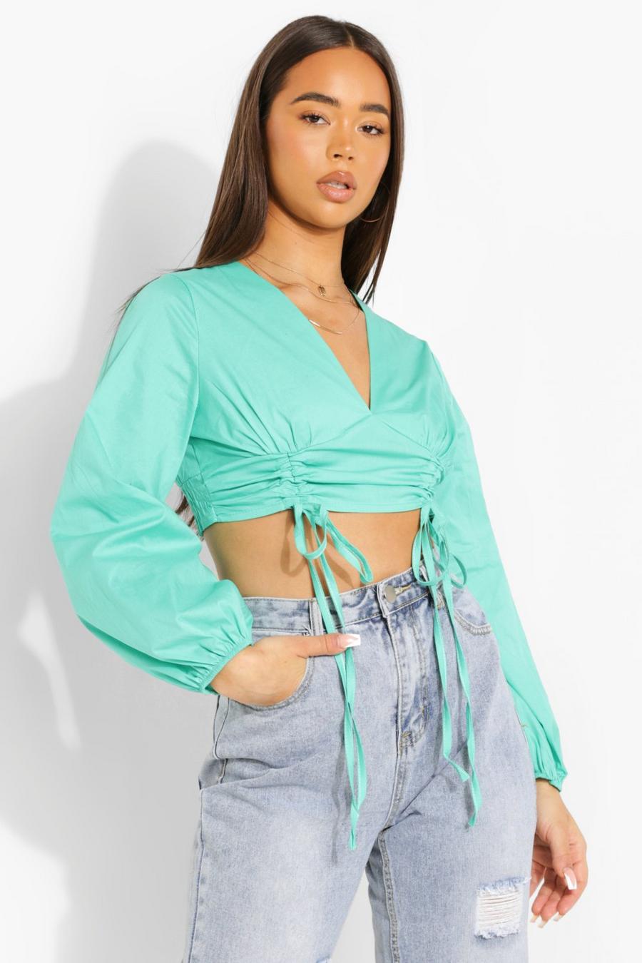 Mint Woven Balloon Sleeve Plunge Crop Top image number 1
