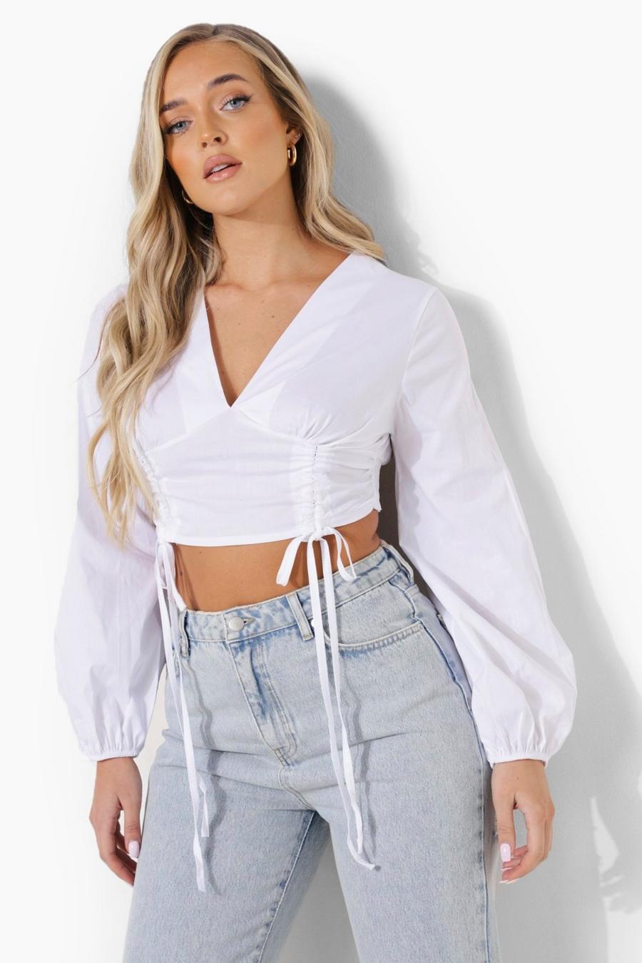 White Woven Balloon Sleeve Plunge Crop Top image number 1