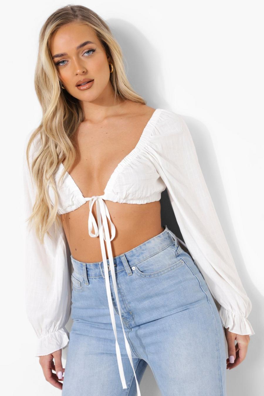 White Woven Long Sleeve Bralet Crop Top image number 1