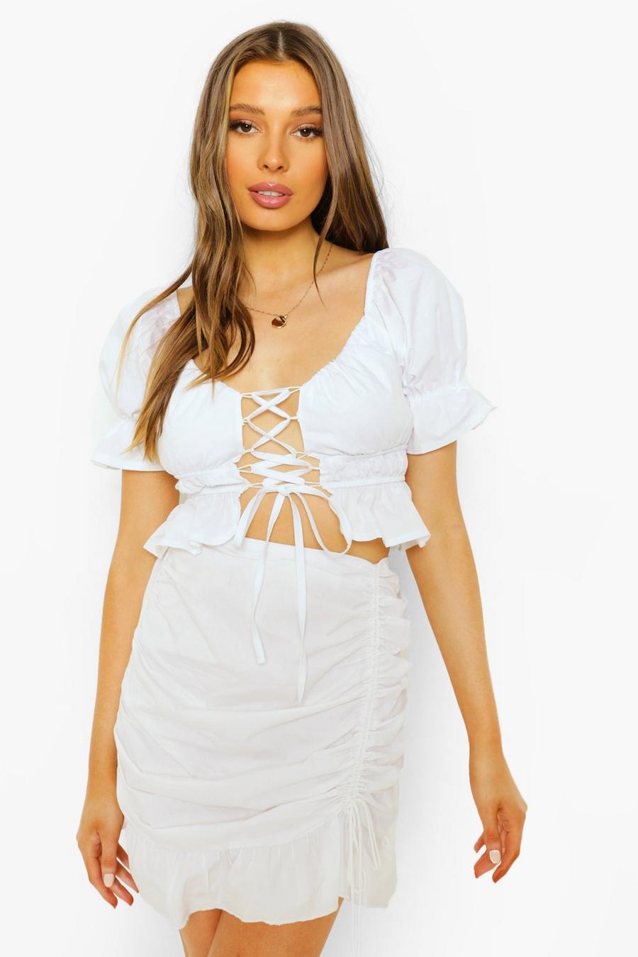 White Milkmaid Tie Front Puff Sleeve Top image number 1