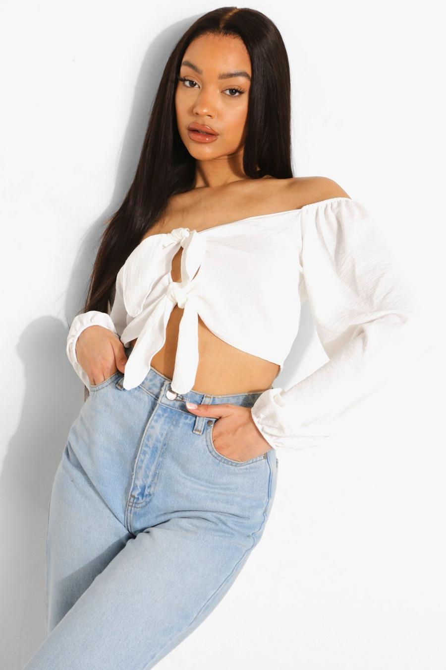 White Double Tie Front Off Shoulder Blouse image number 1