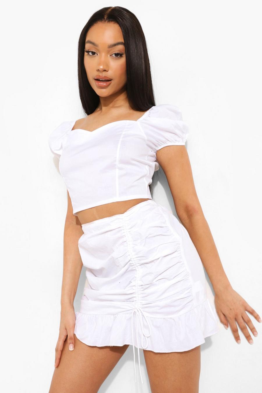 White Woven Tie Back Puff Sleeve Crop Top image number 1