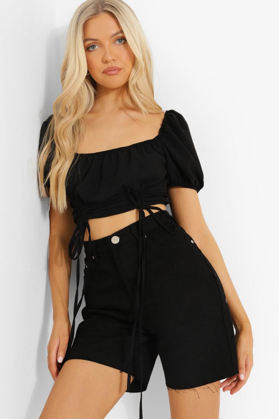 Black Woven Ruched Front Puff Sleeve Top image number 1