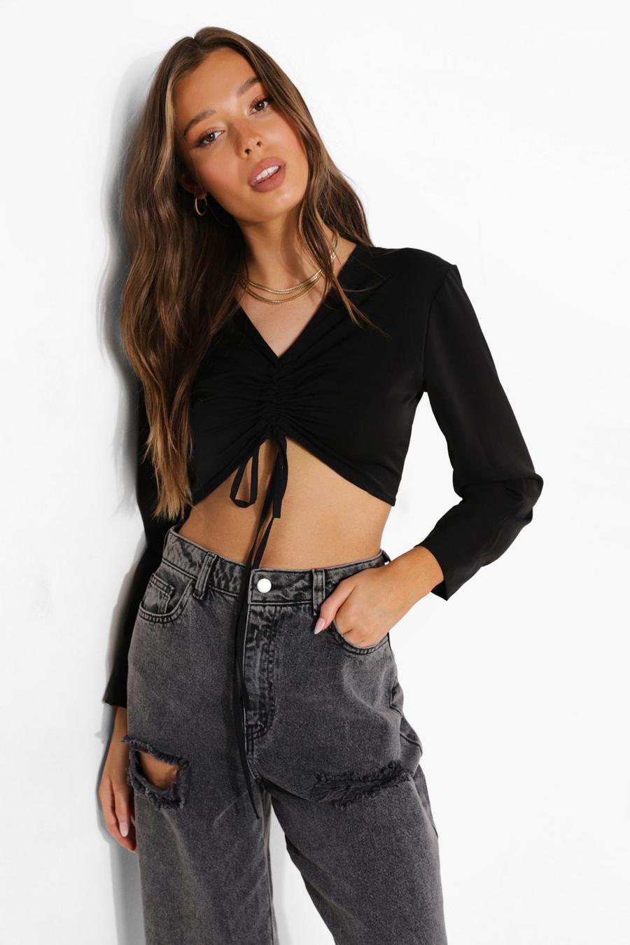 Black Woven Extreme Ruched Crop Top image number 1