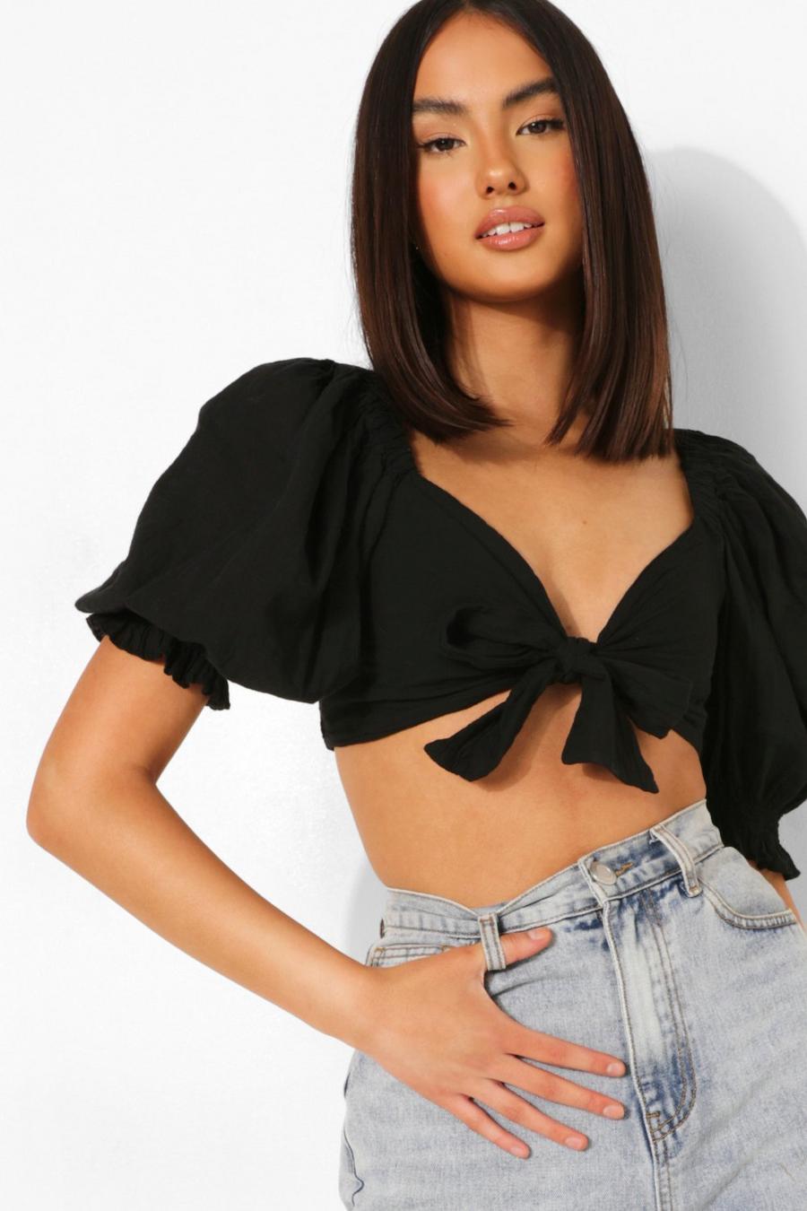 Black Tie Puff Sleeve Crop Top image number 1