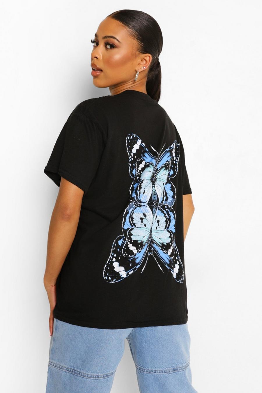 Übergroßes T-Shirt mit Schmetterlings-Print hinten, Schwarz image number 1
