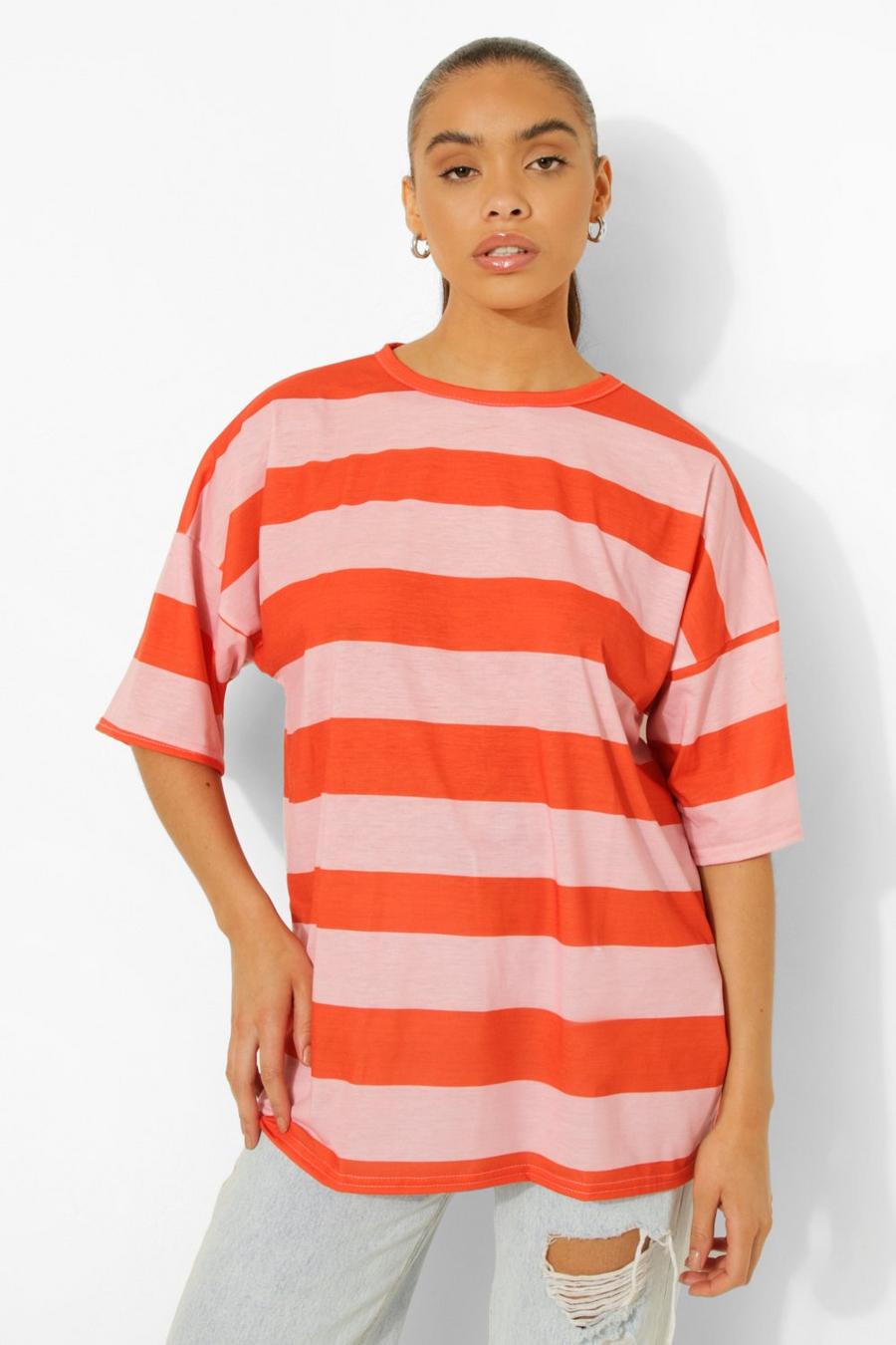Candy pink Stripe Oversized T Shirt image number 1