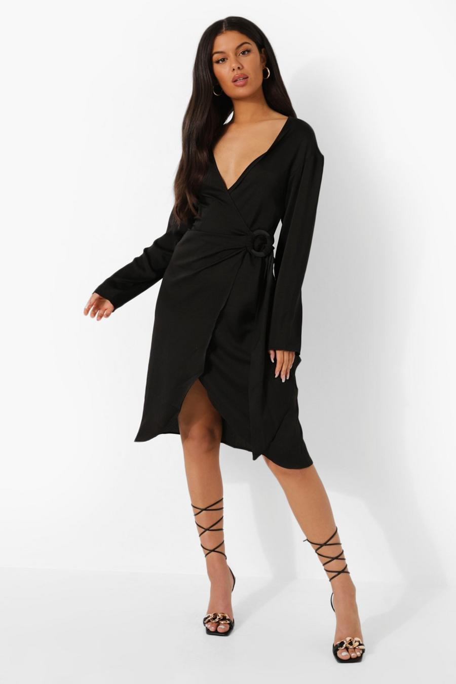Black Midi Satin Wrap Shirt Style Dress image number 1