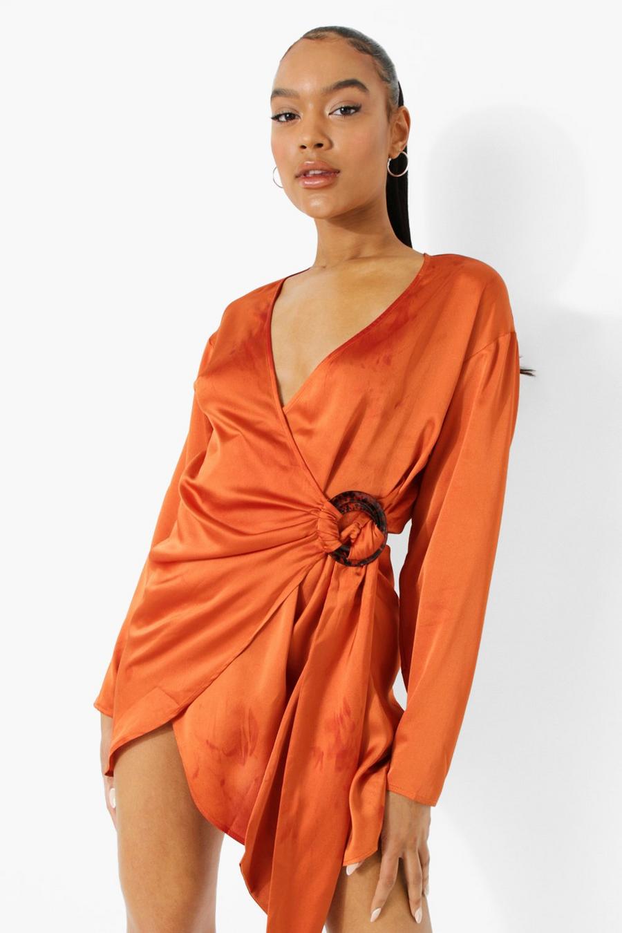 Rust orange Satin Wrap Shirt Style Dress image number 1